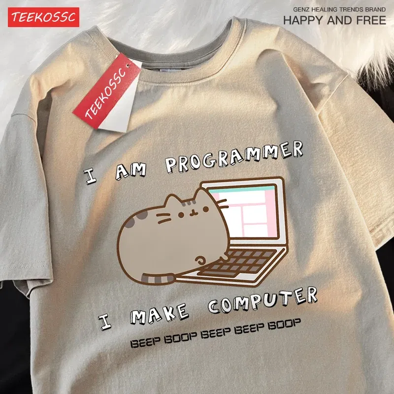Color: Pink, Size: S - I Am Programmer I Make Computer Mens T Shirts Summer Cotton T-Shirt Oversized Loose Short Sleeve Crewneck Tee Clothes Fashion