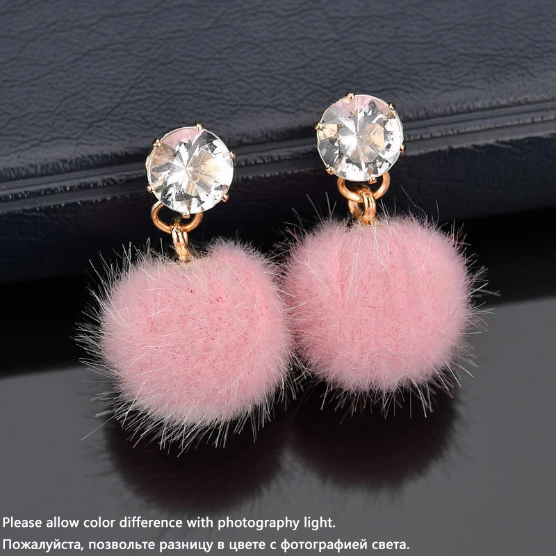 Metal Color: black chrome - New Artificial Hair Dangle Earrings for Women Crystal Top Short Small Fluffy Ball Earrings Boho Fashion Jewelry brincos bijoux