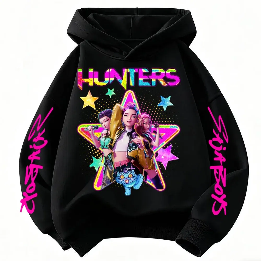 Color: black, Kid Size: 4 - KPop Demon Hunters Huntrix Girls Sweatshirts Spring Fall Boys Children Hoodies Long Sleeves T-shirt Jacket Toddler Kids Clothes