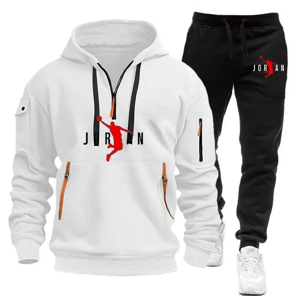 Color: Beige, Size: XL - 2025 new men's zipper multi-pocket hoodie loose casual sweater suit spring and autumn European size new fashion print