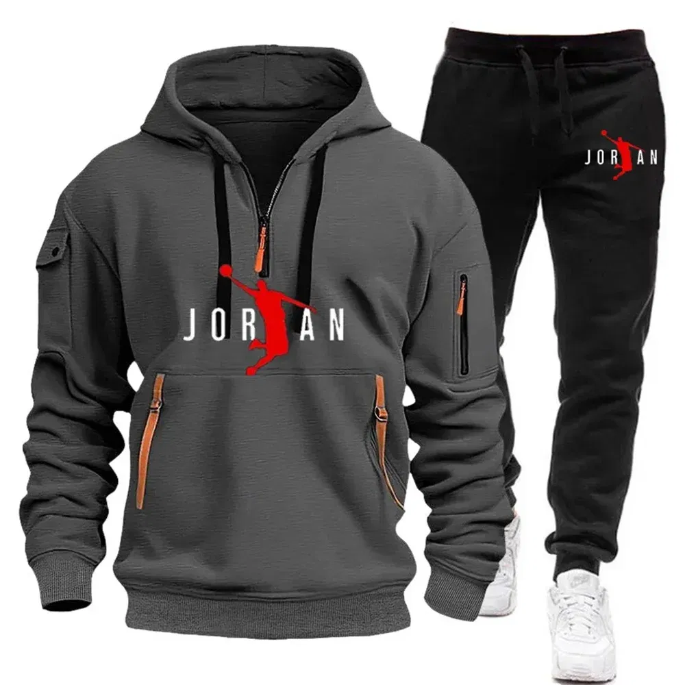 Color: Beige, Size: XL - 2025 new men's zipper multi-pocket hoodie loose casual sweater suit spring and autumn European size new fashion print