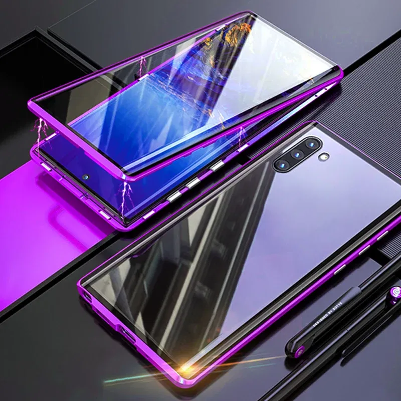 Color: PURPLE, Material: PU - Full Wrap Metal Bezel Case For Samsung Galaxy S23 S22 Ultra S21 S20 FE S24 Note 10 20 Lite Plus Double-Sided Glass Back Cover