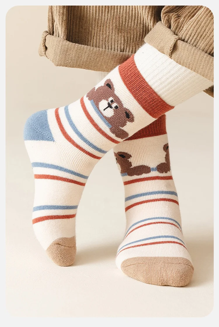 Color: Beige, Size: 4-6T - 1-14T  Children Winter Warm Socks Kids Boys Thicken Cotton Socks Thermal Winter Socks Baby Cartoon Bear Pattern Terry Sock