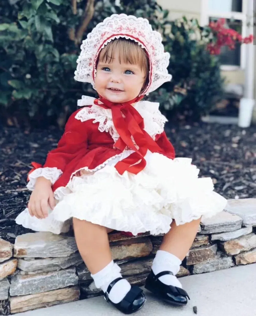 Kid Size: 5T - 4PCS Baby Girl Autumn Winter Spring Red Velvet Vintage Spanish Princess Dress Lolita Christmas Birthday Wedding Party C1