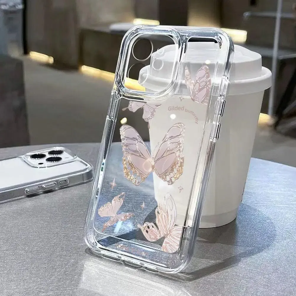 Color: Beige, Material: ABS - Simple Space Transparent Anti-fall Phone Case For iPhone 15 11 14 13 12 Pro Max Plus Silicone Protect Flower Butterfly Cover