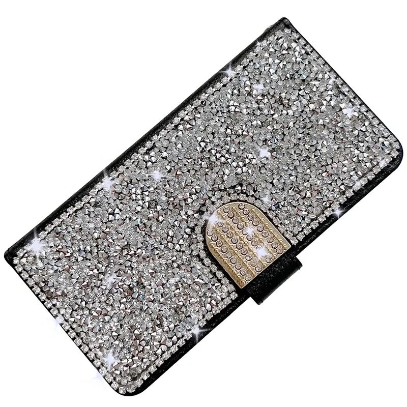 Color: Silver, Material: Leather - Glitter Diamond Wallet Leather Case For Samsung Galaxy A14 A15 A16 A35 A55 A34 A54 S25 Ultra S24 FE S23 S22 S21 S20 Plus
