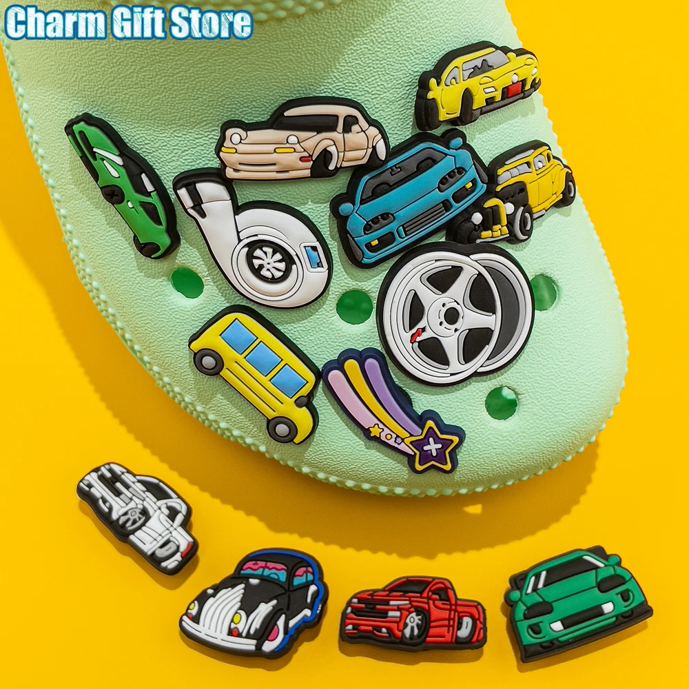Color: PEACOCK BLUE - 1pcs Clog Charms Cars Cool Roadster SUV PVC Clips Accessories Mini Classic Car Shoe Charms Turbine Clog Pin Kids Gift