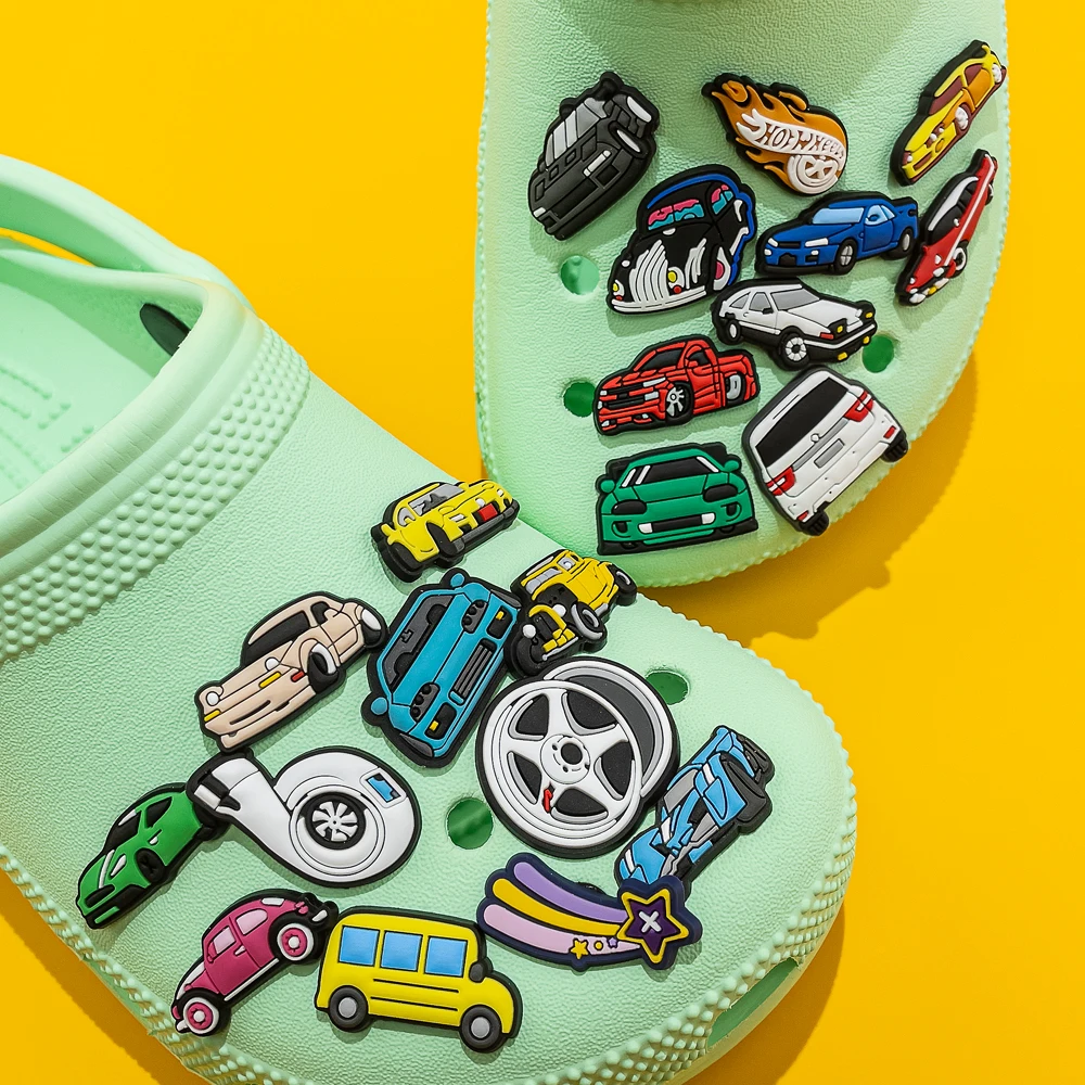 Color: PEACOCK BLUE - 1pcs Clog Charms Cars Cool Roadster SUV PVC Clips Accessories Mini Classic Car Shoe Charms Turbine Clog Pin Kids Gift