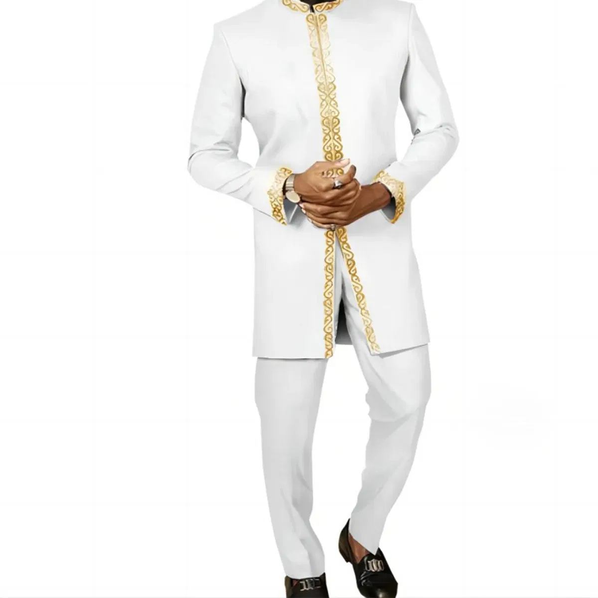 Color: Champagne, Size: XXL - New Kaunda Boutique Men's Set Fashionable Red Luxury Grand Round Neck Embroidery Slim Fit Two Piece Wedding Festival Set