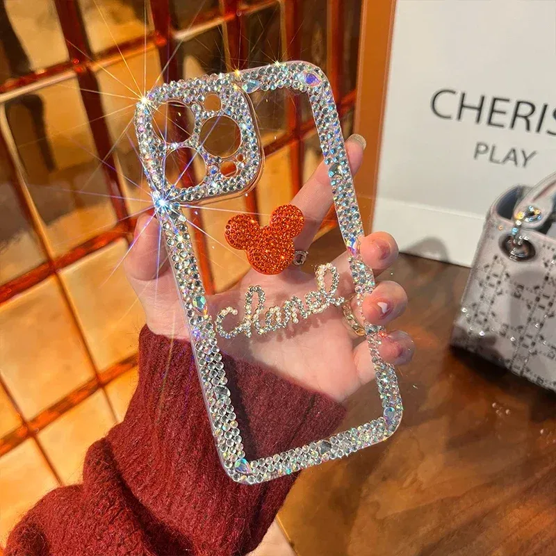 Color: black, Material: Genuine leather - Bling Glitter 3D cute cartoon Diamond soft silicon phone case For iphone 15 14 13 12 11 Pro Max 7 8 Plus X XS XR MAX Clear Cover