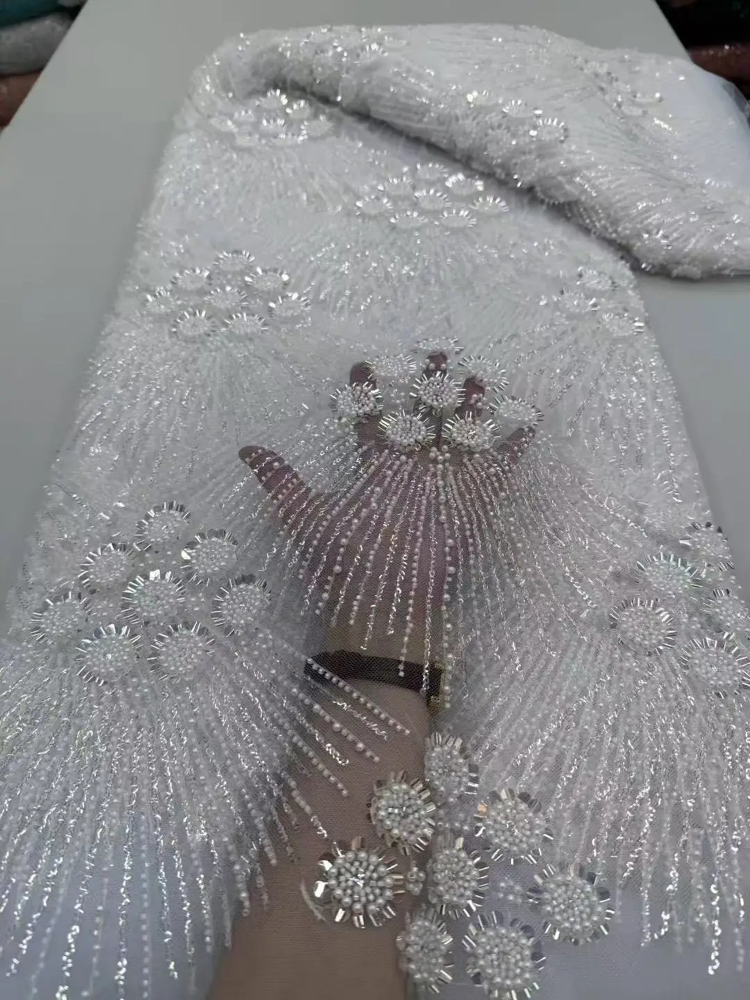 Color: Red, Width: 120cm, Length: 5 yards - African Heavy Beaded Lace Fabric 2025 High Quality Nigerian Sequin Pearl Lace French Tulle Fabric For Wedding Party Dress Sewing