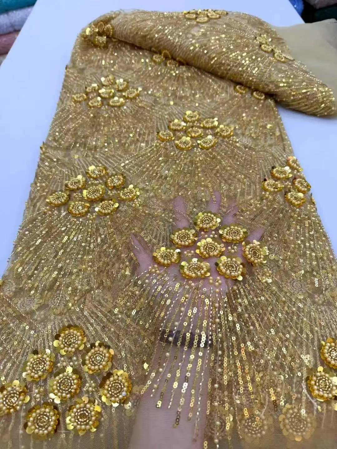 Color: Red, Width: 120cm, Length: 5 yards - African Heavy Beaded Lace Fabric 2025 High Quality Nigerian Sequin Pearl Lace French Tulle Fabric For Wedding Party Dress Sewing