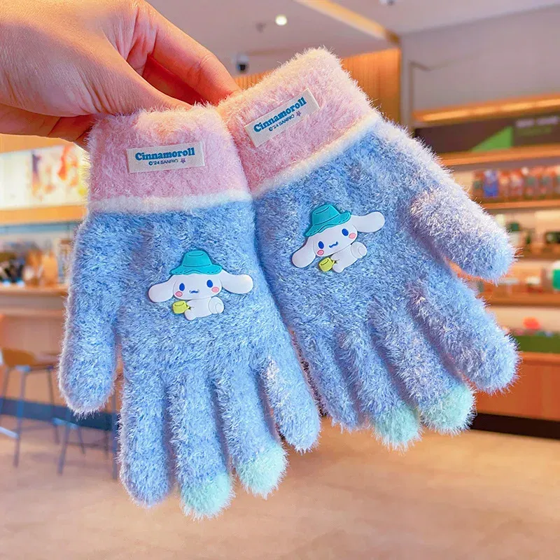 Color: CORAL RED - Sanrio Gloves Kawaii My Melody Kuromi Cold-Proof Winter Finger Gloves Plush Screen Touch Warm Children Toddler Christmas Gifts