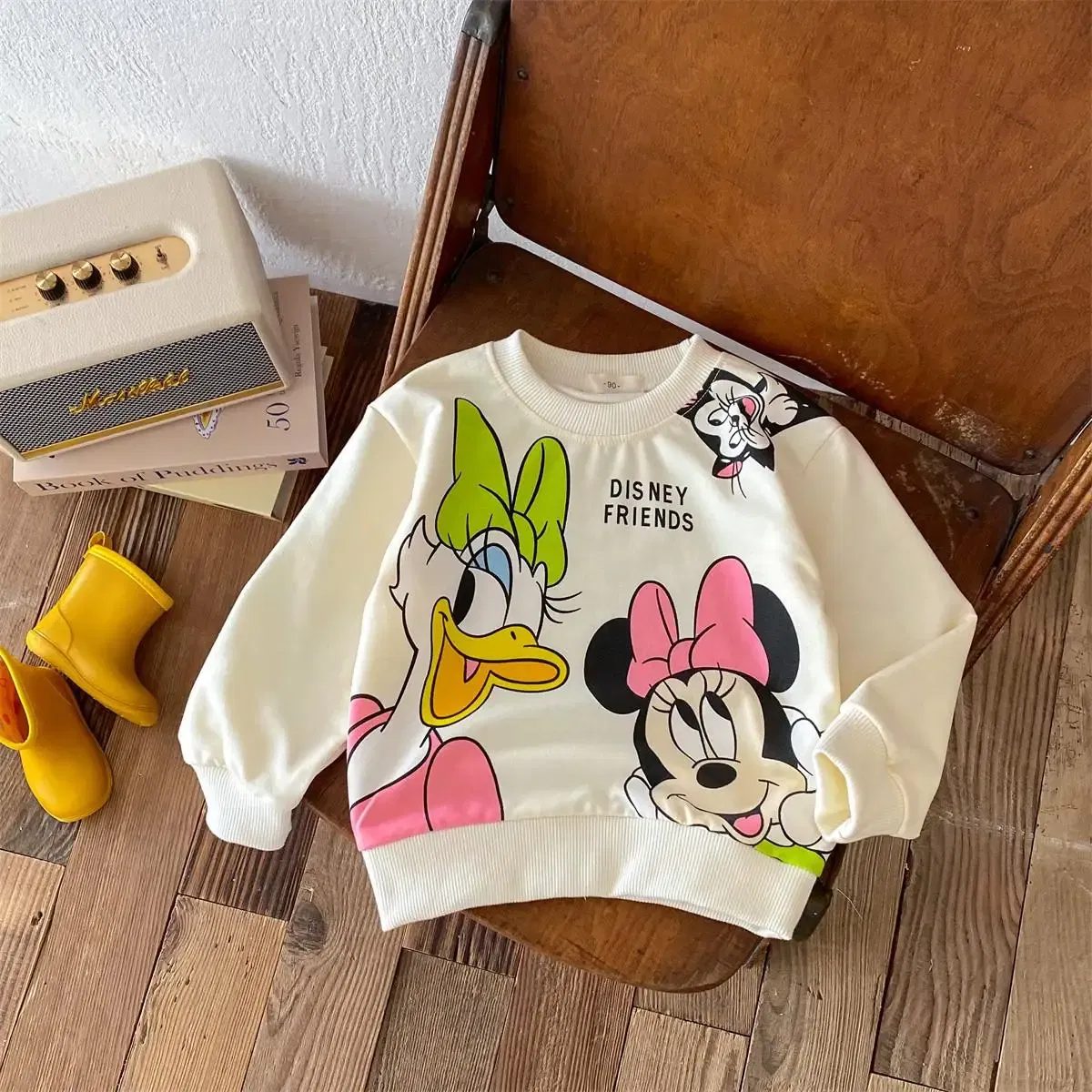 Color: black, Kid Size: 4T - Fashion Cartoon Printed Children Hoodies Crewneck Baby Boys Girls Long Sleeve Tops Loose Disney Kids Clothing Autumn Sweatshirts