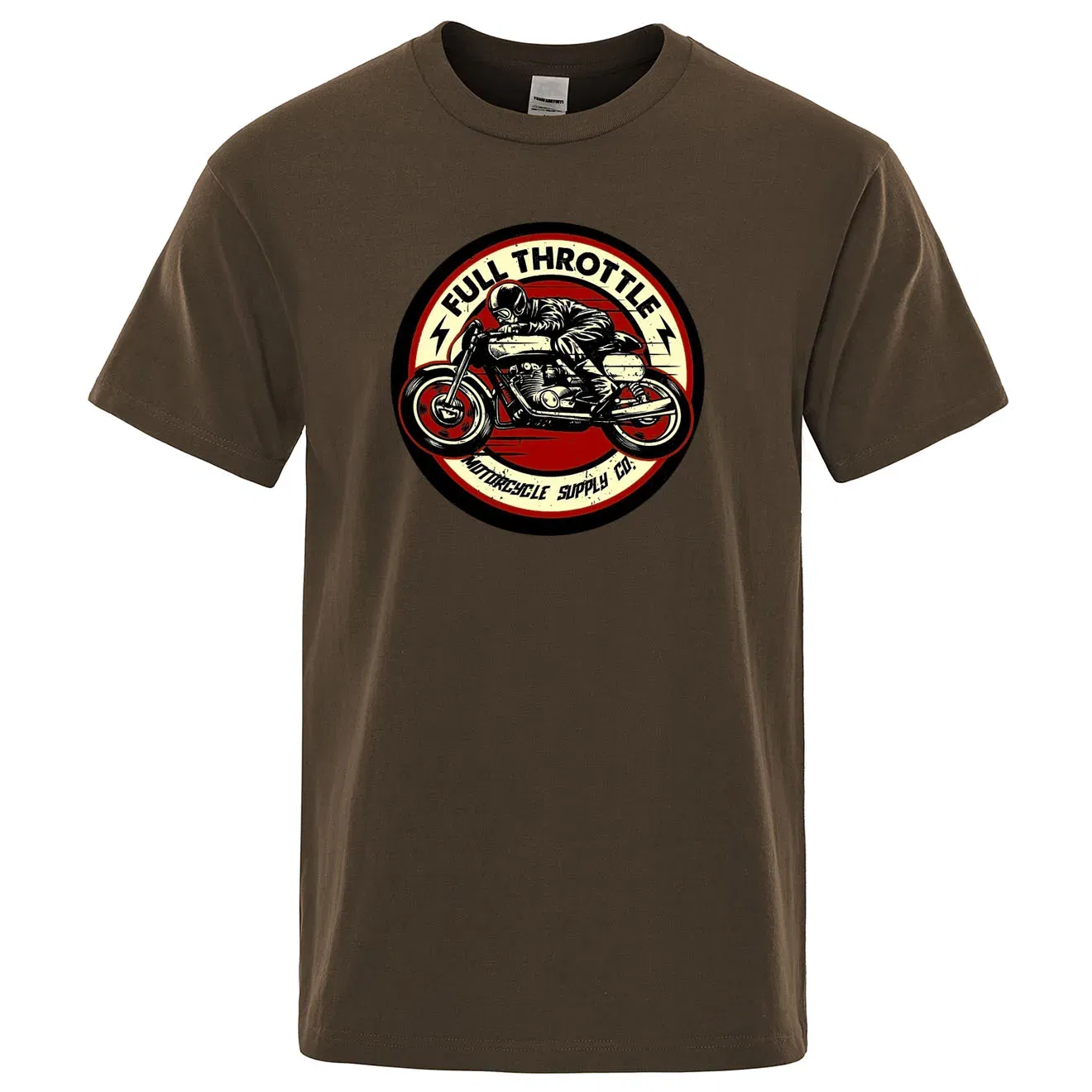 Color: Brown, Size: XL - Full Throttle Cafe Racer Rockabilly Biker Printed T-Shirt Men Fashion Casual Short Sleeve Loose Cotton Tshirt Summer Loose Tees