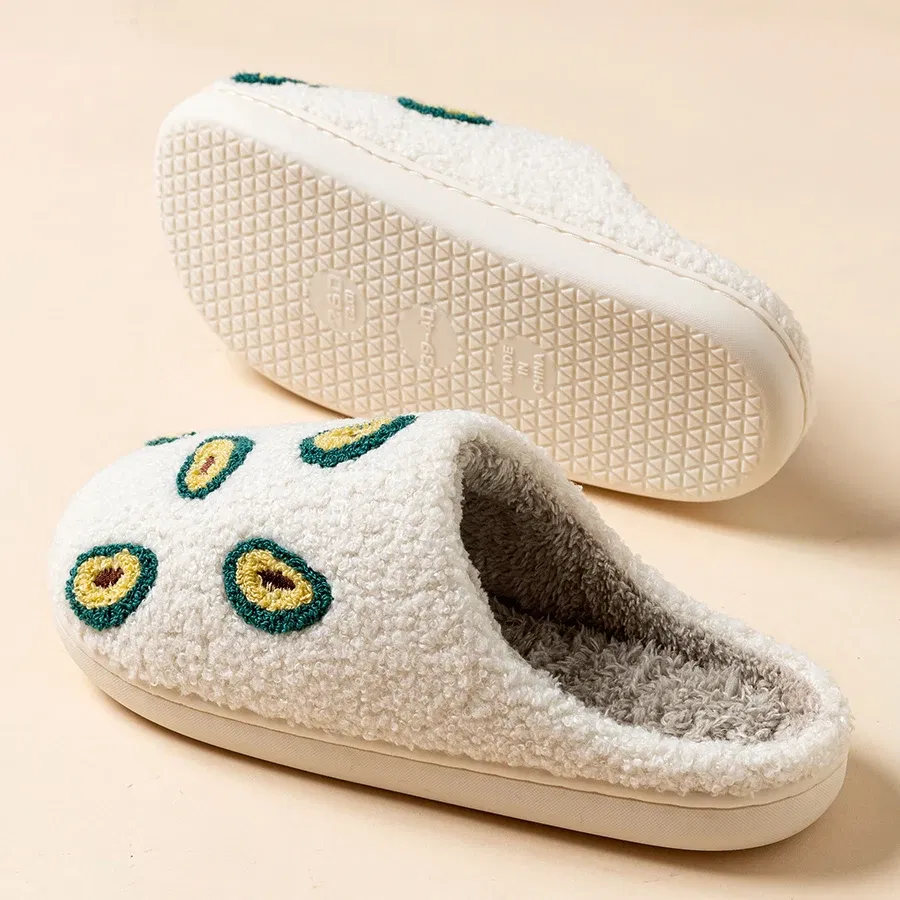 Color: Beige, Shoe Size: 4.5 - Cute Avocado Women Slippers Winter Warm Indoor Fruit Cartoon Funny Soft Non-slip Slipper Cherry Strawberry Comfy Cotton Shoes