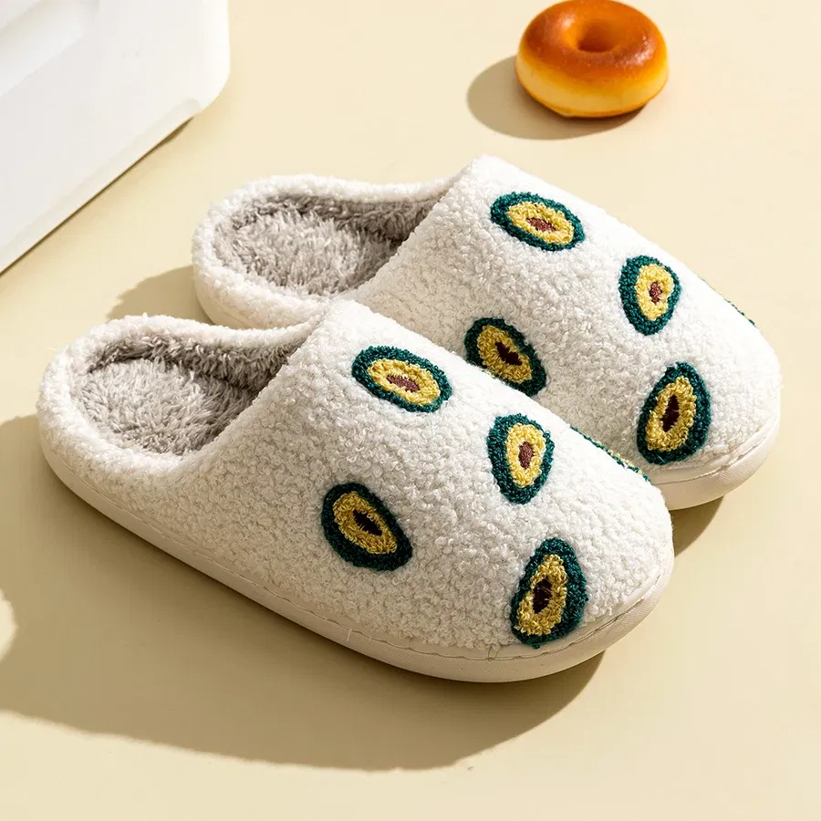 Color: Beige, Shoe Size: 4.5 - Cute Avocado Women Slippers Winter Warm Indoor Fruit Cartoon Funny Soft Non-slip Slipper Cherry Strawberry Comfy Cotton Shoes