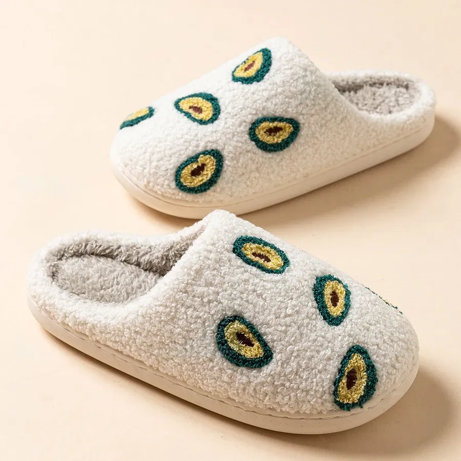 Color: Beige, Shoe Size: 4.5 - Cute Avocado Women Slippers Winter Warm Indoor Fruit Cartoon Funny Soft Non-slip Slipper Cherry Strawberry Comfy Cotton Shoes