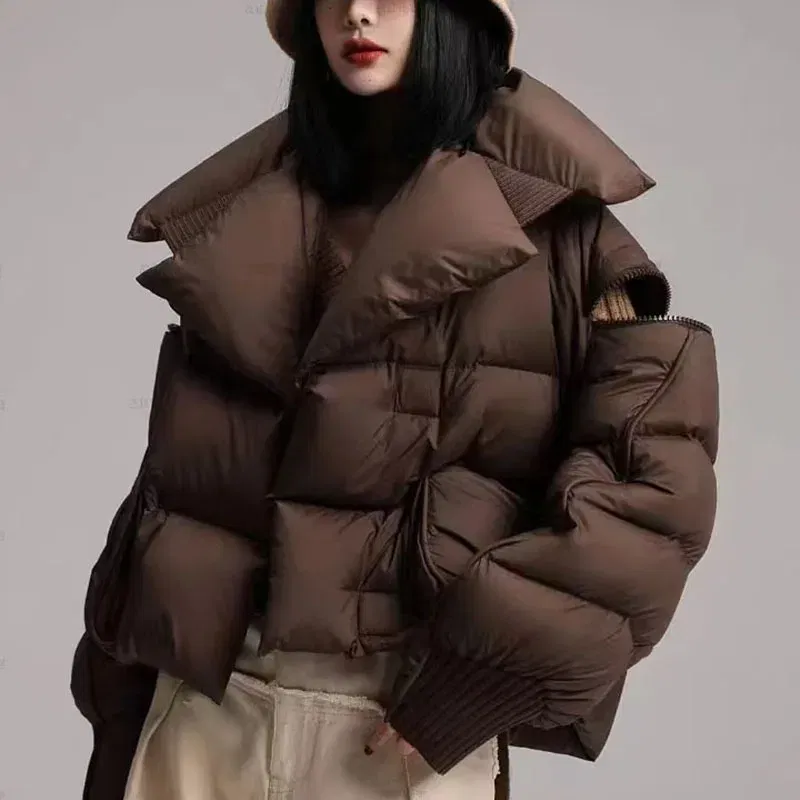 Color: green, Size: S - Overcoat 2025 New Fashion Women Down Jacket Winter White Duck Down High Quality Knitted Patchwork Lapel Women Down Jacket H132