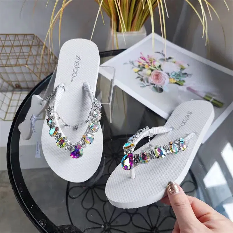 Color: WHITE, Shoe Size: 37 - Outdoor Leisure Flip Flops Women 2024 Summer Fashion Lady Beach Shoes Luxurious Rhinestone Embellished Women's Flat Slippers