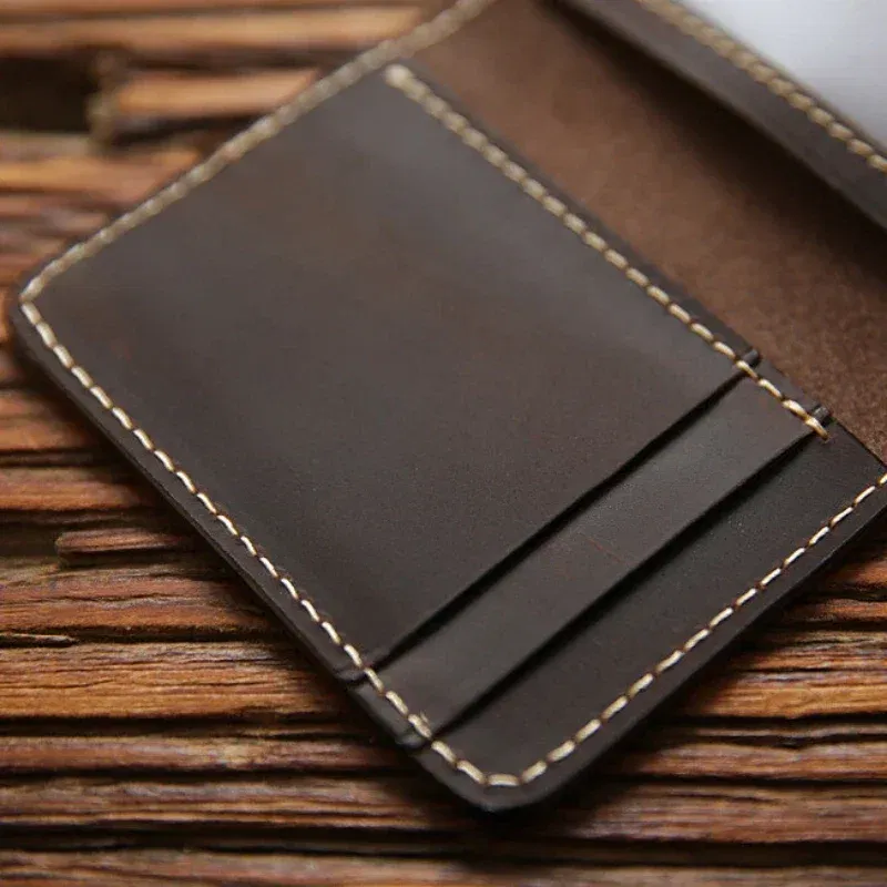 Color: Coffee - Retro Crazy Horse Leather Cards Cases Mens Cowhide Credit Card Holder Wallet Handmade Ultra-thin Slim Drivers License ID Cover