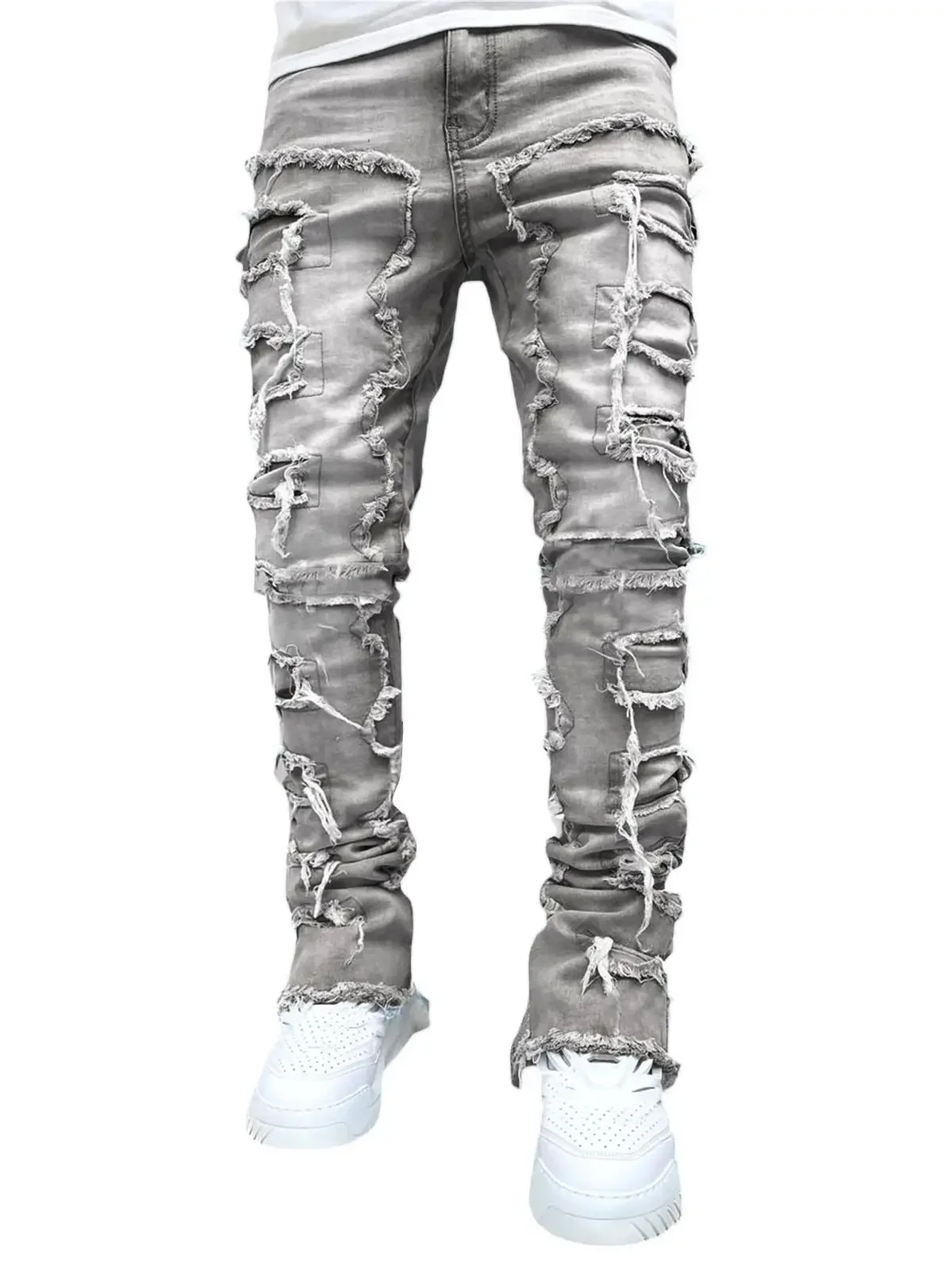 Color: SKY BLUE, Size: XXL - Men's Regular Fit Stacked Jeans Ripped Slim Fit Patch Distressed Destroyed Straight Denim Pants Hip Hop Streetwear Trouser Cloth
