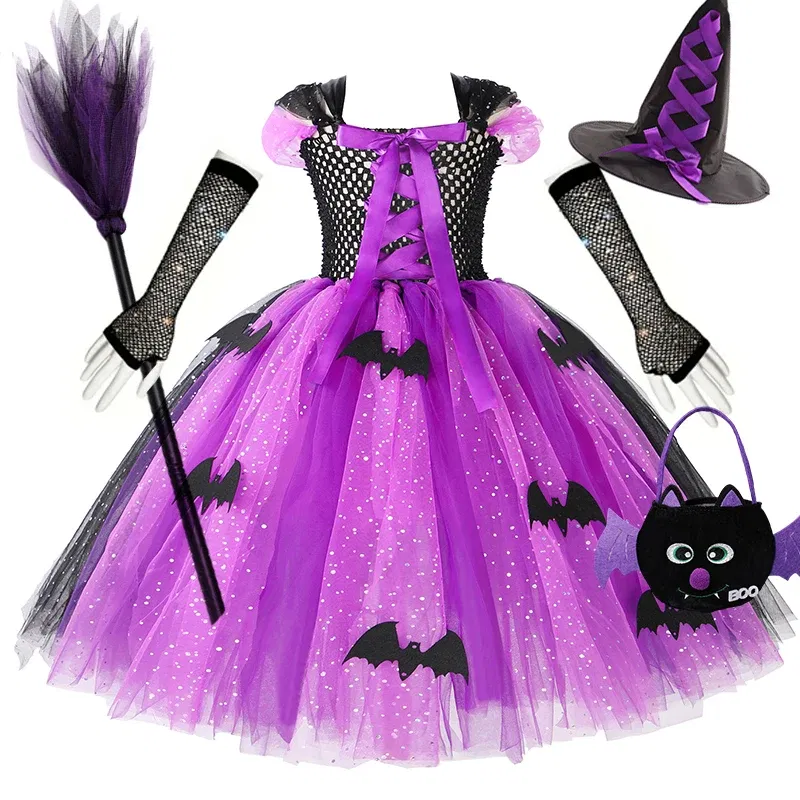 Color: Blue, Kid Size: 5 - Halloween Witch Tutu Dress for Girls Handmade Mesh Bat Wizard Cosplay Costumes with Hat Broom Toddler Evil Party Clothes Set