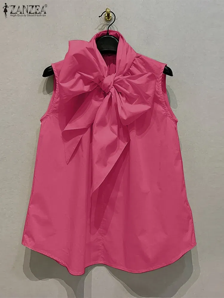 Color: Rose Red, Size: M - ZANZEA Women Fashion Bow Tie Neck Tank Tops 2024 Summer Casual Solid Sleeveless Blusas Mujer Elegant Korean Style Shirts Blouses