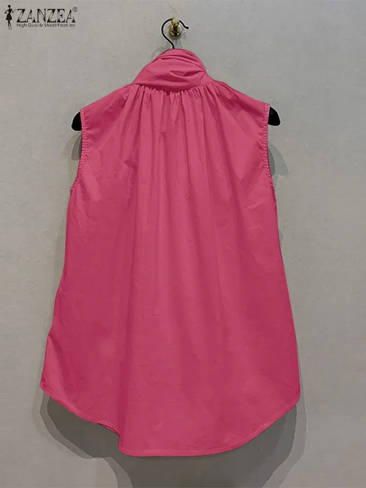 Color: Rose Red, Size: M - ZANZEA Women Fashion Bow Tie Neck Tank Tops 2024 Summer Casual Solid Sleeveless Blusas Mujer Elegant Korean Style Shirts Blouses