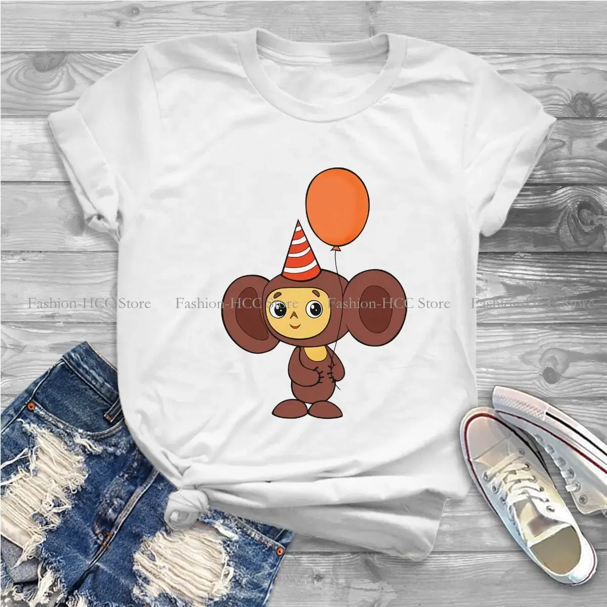 Color: WHITE, Size: M - Cheburashka Che Burashka Gena Russian Cartoon Polyester TShirts Birthday Distinctive Homme T Shirt Hipster Clothing