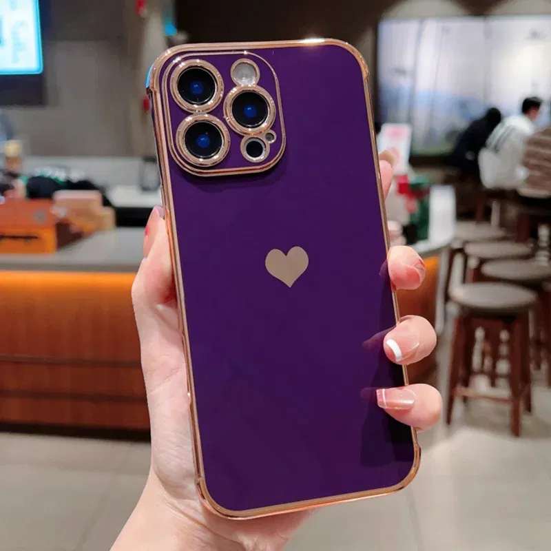 Color: army green, Compatible-Phone Models: For iPhone 15 Pro Max, Ships From: CN - Electroplating Side Love Heart Phone Case For IPhone 17 16 15 14 13 12 11 Pro Max XR 8 Plus SE2/SE3 Shockproof Back Cover