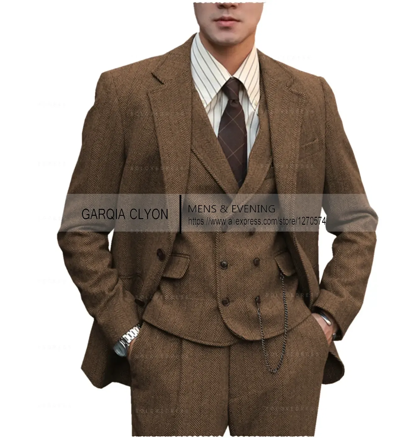 Color: Brown, Size: XS - Tweed Herringbone 3 Pieces Herringbone Men's Business Suits Single Breasted Slim Fit Groom  Formal Suits?€Blazer+vest+Pants?‰