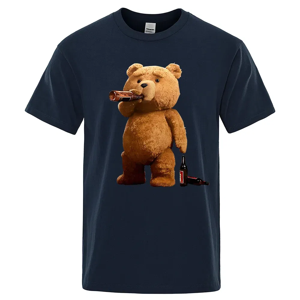 Color: Navy Blue, Size: XXXL - Lovely Ted Bear Drink Beer Poster Funny Printed T-Shirt Men Fashion Casual Short Sleeves Loose Oversize Tee Street Hip Hop Tops