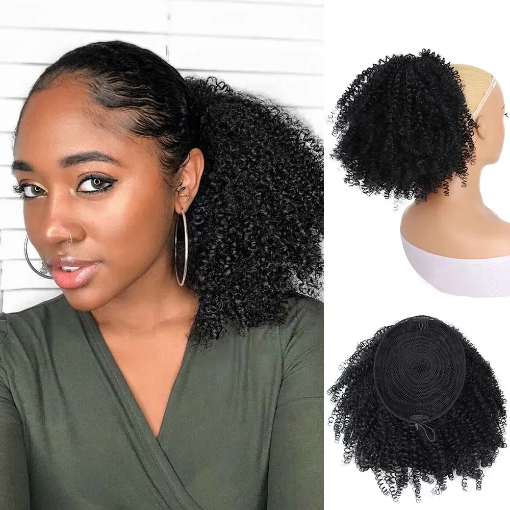 Color: #1B - Afro Puff kinky curly Drawstring Ponytail Bun Extension for Black Women Synthetic Short Afro Kinkys Curly Afro Hairpieces