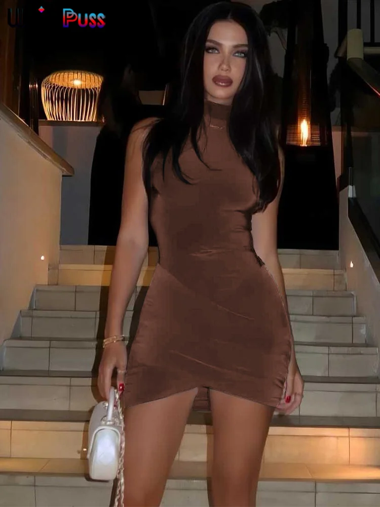 Color: black, Size: L - Weird Puss Cross Ruffles Mini Dress Woman Summer Sexy Solid Half High Collar Sleeveless Trend Chic Party Clubwear Skinny Bodycon