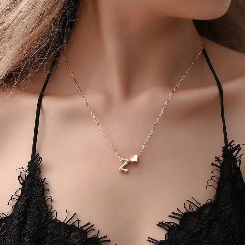 Metal Color: Antique Gold Plated - Fashion Tiny Heart Dainty Initial Necklace With Letter Name Choker Necklace For Women Pendant Jewelry Accessories Gift