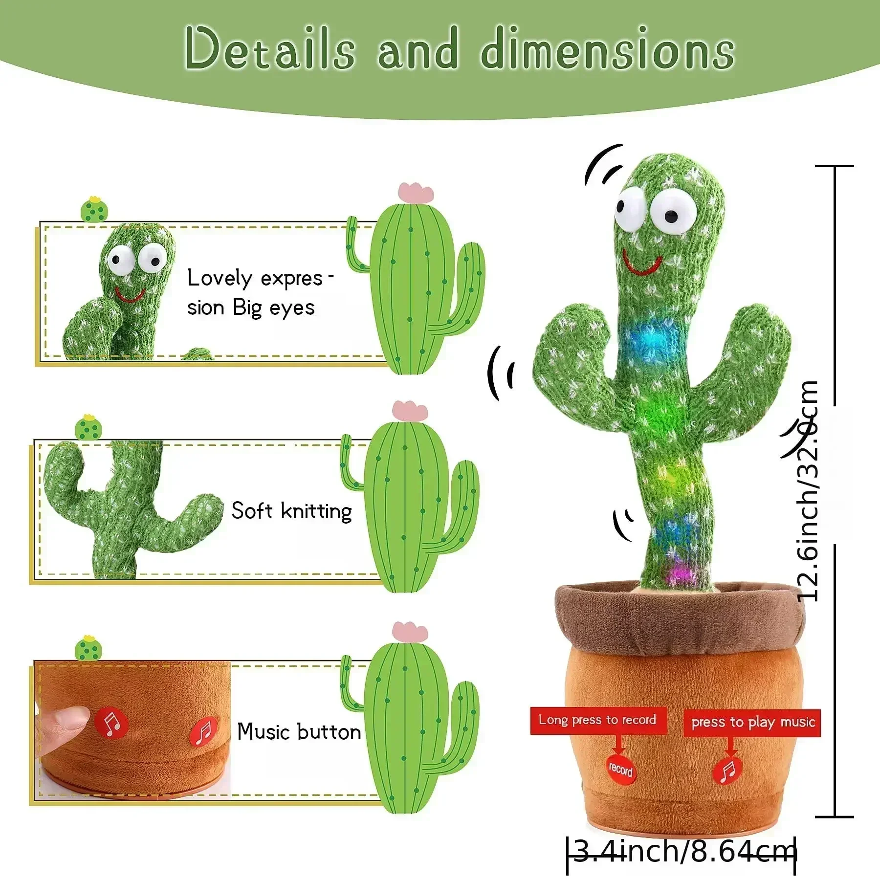 Color: black - Sunshine Cactu Children's Electronic Plush Toy Dancing and Talking Cactu Children's Birthday Party Christmas Gift with 120 Songs
