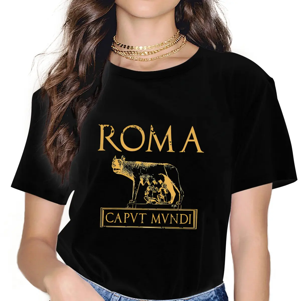 Color: black, Size: XXXL - Roma Caput Mundi Casual Polyester TShirt Ancient Rome Style Streetwear Leisure T Shirt Female