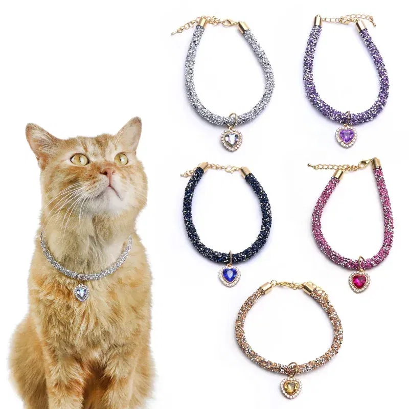 Color: WHITE, Size: S - Luxury Cat Collar with Heart Crystal Pendant Puppy Chihuahua Necklace Reflective Rhinestone Kitten Neck Strap Pets Accessories