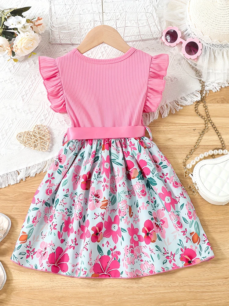 Color: PURPLE, Kid Size: 4 - Sweet Girls Splicing Flower Print Flutter Trim Ribbed Belted Dress