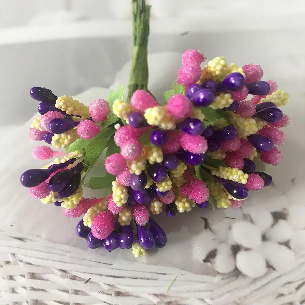 Color: WHITE - 12PCS/lot Artificial Flower Small Berries Stamen Wire Stem/marriage Leaves DIY Wreath Wedding Scrapbooking Box Decoration Craft
