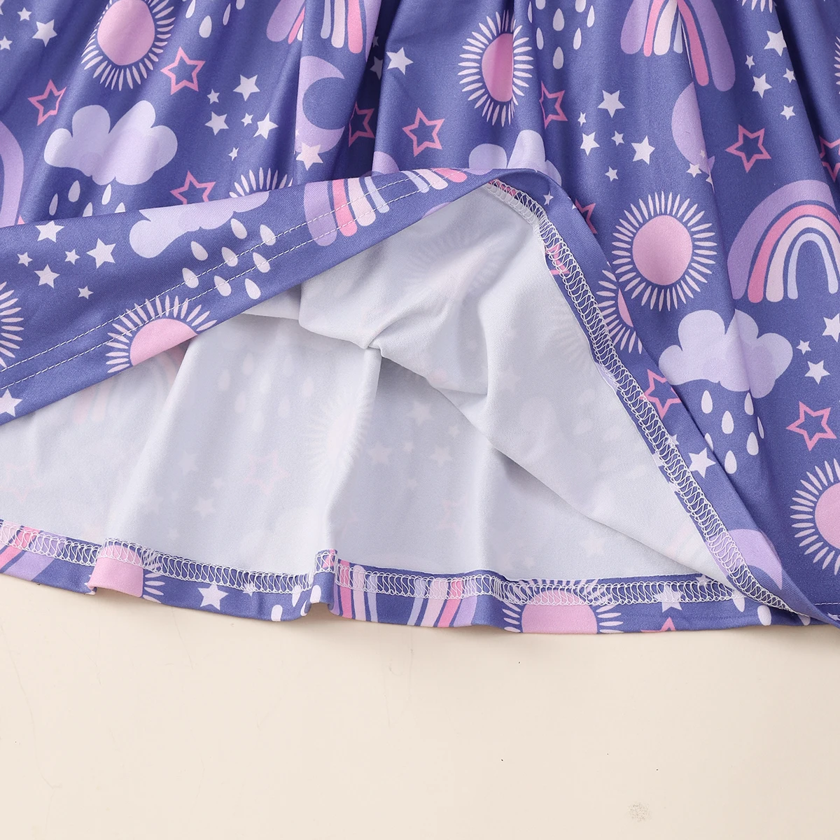 Color: PURPLE, Kid Size: 116 - Girls Cute Cartoon Rainbow Graphic Flutter Trim Sleeveless Dress For Summer Party Gift