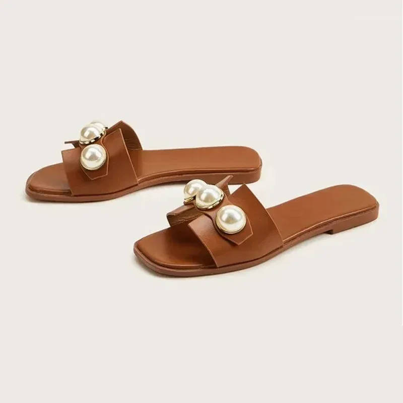 Color: Beige, Shoe Size: 37 - Slippers Women 2025 New Flat Slippers Party Shoes Fashion Pearl Sandals Slippers Roman Women Flip-Flops Casual Beach Shoes Trend