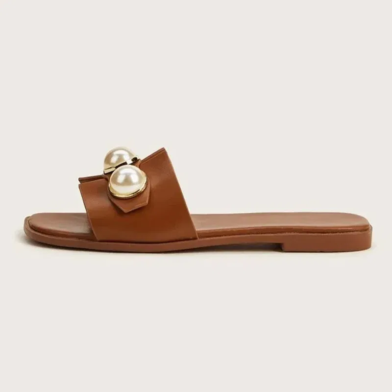 Color: Beige, Shoe Size: 37 - Slippers Women 2025 New Flat Slippers Party Shoes Fashion Pearl Sandals Slippers Roman Women Flip-Flops Casual Beach Shoes Trend