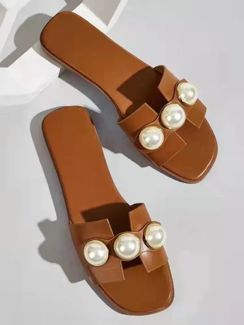 Color: Beige, Shoe Size: 37 - Slippers Women 2025 New Flat Slippers Party Shoes Fashion Pearl Sandals Slippers Roman Women Flip-Flops Casual Beach Shoes Trend