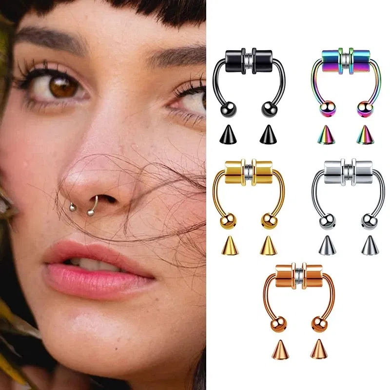 Metal color: Imitation Rhodium Plated - Women Fake Piercing Nose Ring Hoop Septum Non Piercing Nose Clip Rock HipHoop Stainless Steel Magnet Fashion Punk Body Jewelry