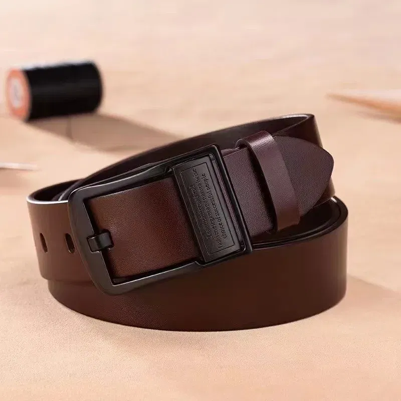 Color: army green, Belt Length: 125cm - New Leather Cowhide Men's Belt Fashion Metal Alloy Pin Buckle Adult Luxury Brand Jeans Business Casual Waist Male Strap Brand