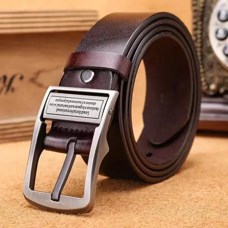 Color: army green, Belt Length: 125cm - New Leather Cowhide Men's Belt Fashion Metal Alloy Pin Buckle Adult Luxury Brand Jeans Business Casual Waist Male Strap Brand