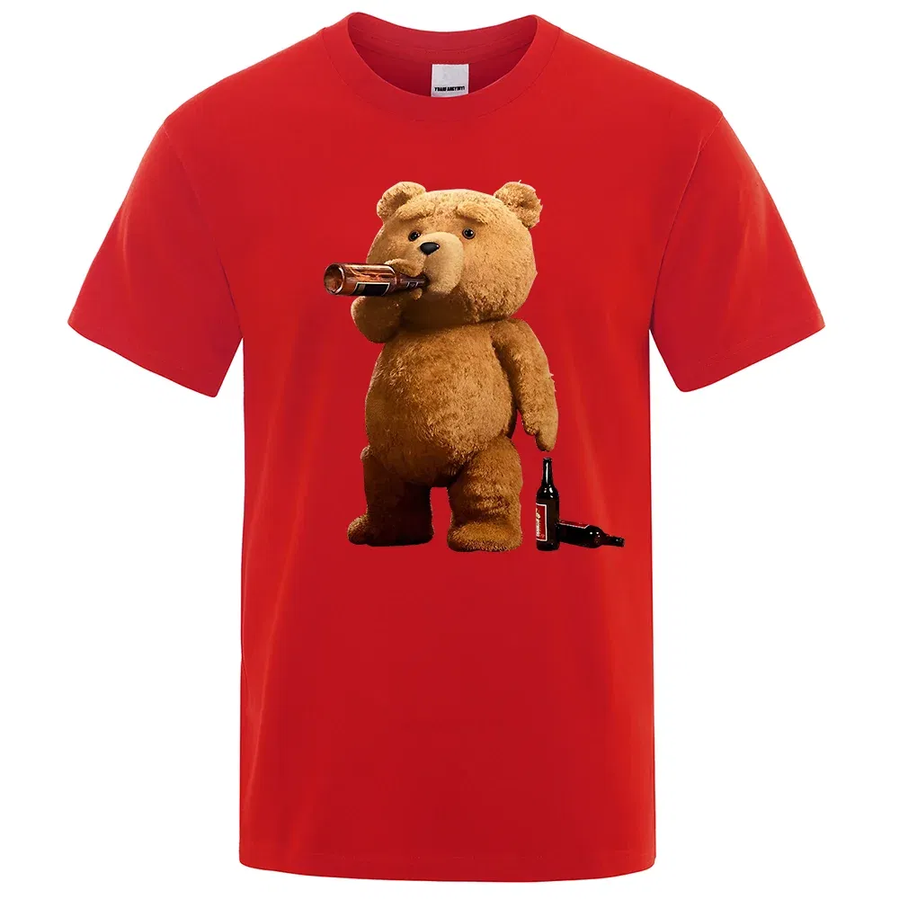 Color: Red, Size: S - Lovely Ted Bear Drink Beer Poster Funny Printed T-Shirt Men Fashion Casual Short Sleeves Loose Oversize Tee Street Hip Hop Tops