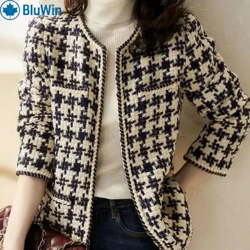Color: black, Size: L - URBANCHIC Classic Checkered Tweed Jacket ?“ Elegant Contrast Trim for a Timeless, Chic Look